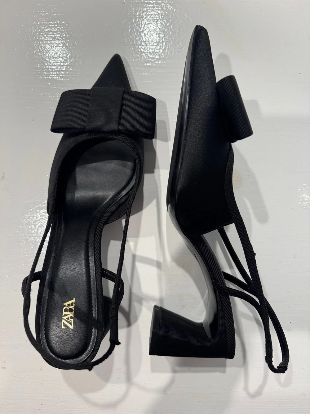 ZARA Black Bow Slingback Heels Pointed Toe - Size 8 EU 39 - Picture 2 of 8
